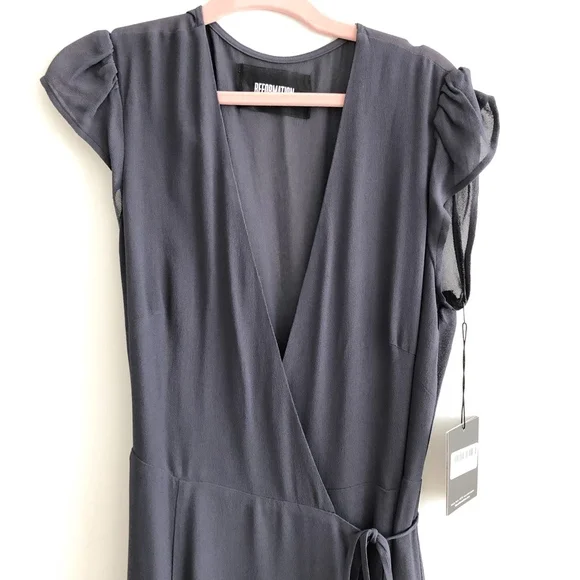 reformation • mollie blue indigo gray cap sleeve tie wrap midi fit flare dress - Picture 5 of 8